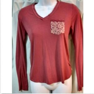 Lace Pocket Blouse Top Shirt Blush Pink V-Neck